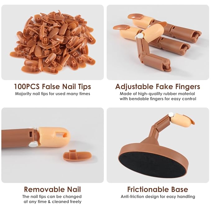 Acrylic Nail Practice Finger Kit, BORNBYME Acrylic Nail Training with 1 Base Stand, 3 Adjustable Fake Fingers, 100 Brown Nail Tips, Movable Training Nail Practice for Nail Beginner…