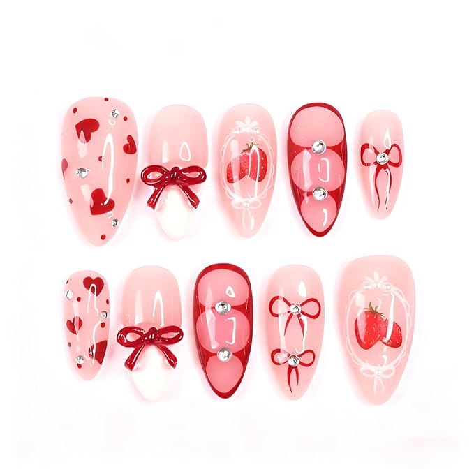Valentines Press on Nails Medium Almond Fake Nails Red Heart Nails Press Ons 3D Bow Glue on Nail with Rhinestones Design Strawberry False Nails Glossy Stick on Nail for Women Decoration Set 30Pcs