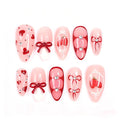 Valentines Press on Nails Medium Almond Fake Nails Red Heart Nails Press Ons 3D Bow Glue on Nail with Rhinestones Design Strawberry False Nails Glossy Stick on Nail for Women Decoration Set 30Pcs