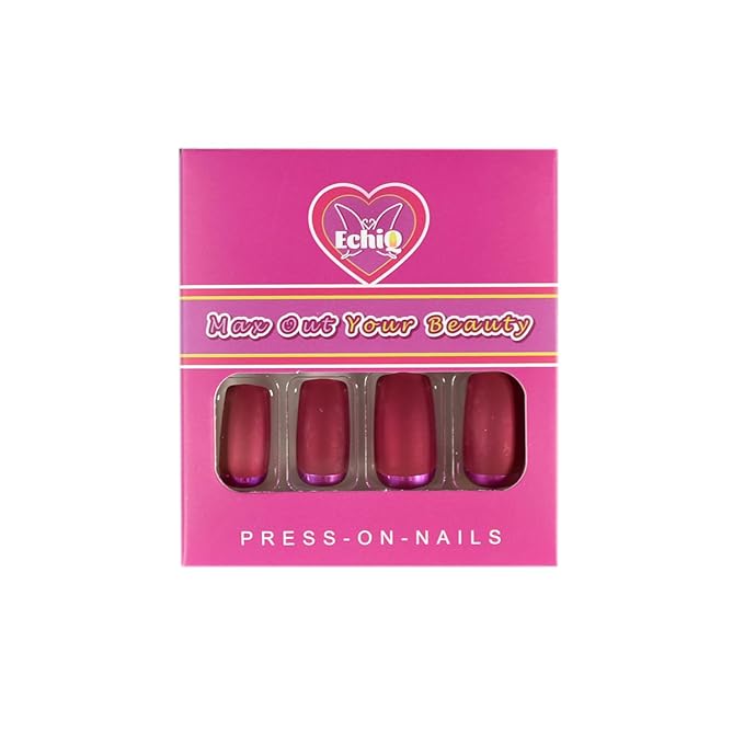 Slim Gorgeous Fake Nails Matte Rose Red with Metallic Moo Medium Size Frosted Artificial Acrylic Nail Art Tips