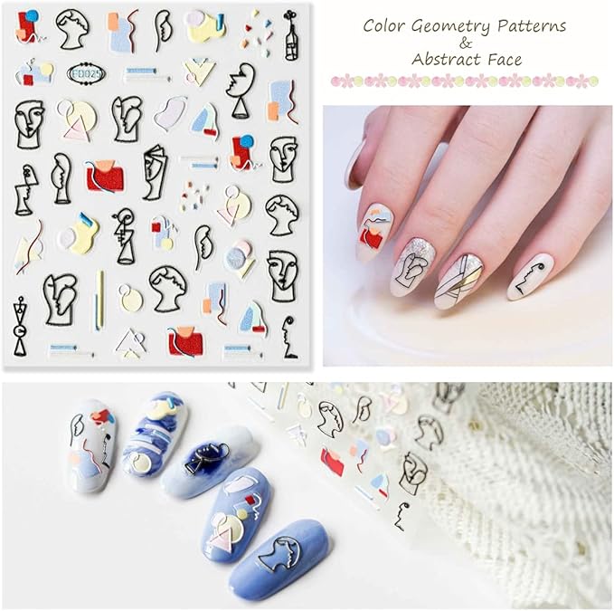 Nail Art Stickers New 5D Stereoscopic Embossed Self-Adhesive Nail Decals, Evil Eyes &Snake &Abstract Faces Hearts Nail Stickers for Nail Art Decoration Women Girls Gift (4 Sheets)