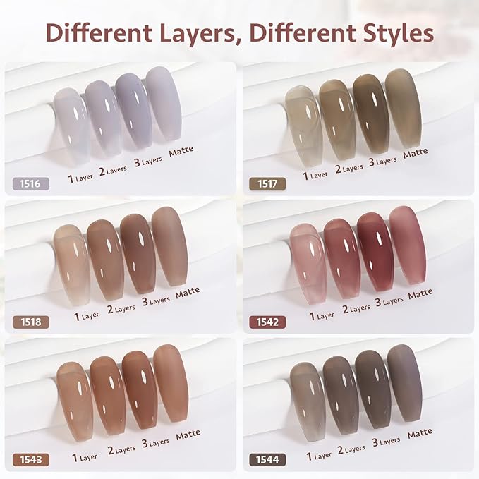 GAOY Jelly Nude Nail Polish Set, 6 Transparent Colors Sheer Brown Grey Soak Off UV Light Cure Gel Polish Kit for Salon and Nail Art DIY at Home