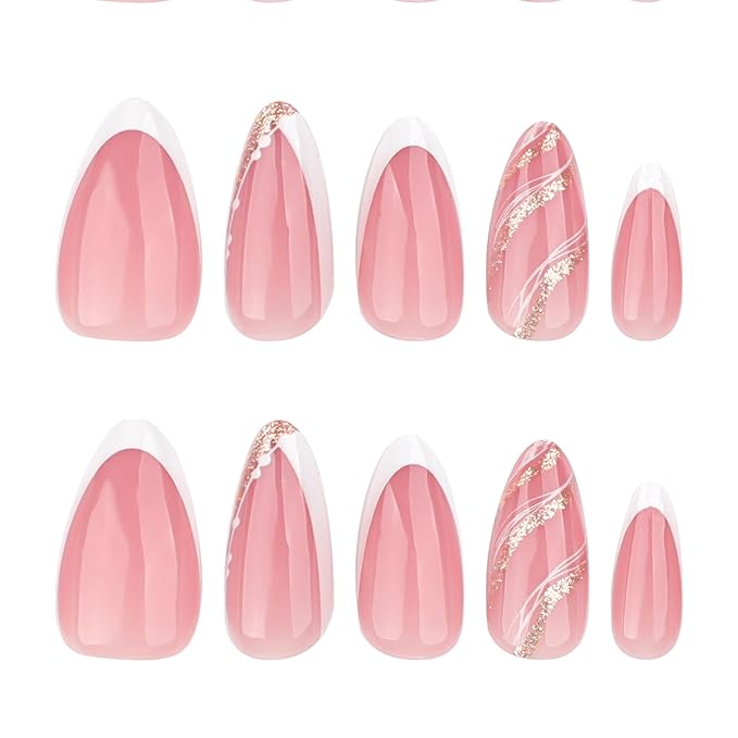 French Press On Nails Medium Short Almond, Nude Fake Nails with White French Tip and Minimalist Gold Line Design, Glossy Gel Finish Acrylic Nails, Natural Reusable Glue On Nails for Women, Luxe Line