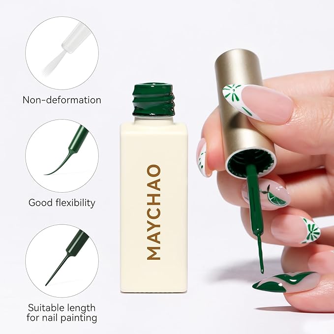 MAYCHAO Green Swirl Gel Liner Nail Art Polish, 8ml Classic Christmas Green Gel Color Built-in Thin Brush, UV Light Cure for French Nail Tips DIY Manicure at Home Salon