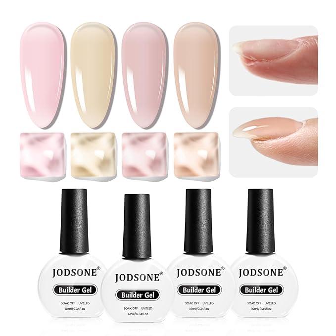 JODSONE Builder Gel for Nails,4Pcs Builder Gel Set 10ml Pink Nude Rubber,Nail Extension & Strengthening,Long Lasting Nail Art Gift Sets for Women