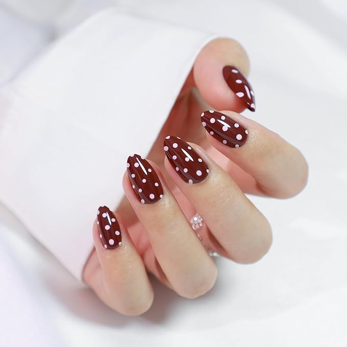 Press On Nails - Berry | Red Polka Dot UV Finish Almond Nails, Salon Quality | 32 Nails, 16 Sizes Kit with Glue and Adhesive Tabs I Female Founded