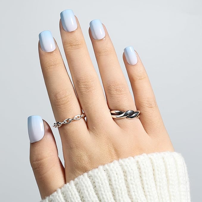 Press On Nails - Short Square Blue Fade Press on Nails Glossy Finish Nails Press Ons for Women DIY Fake Nails Kit with Glue, Reusable Glue on Nails Short in 15 Sizes - 30pcs, Sky Fade