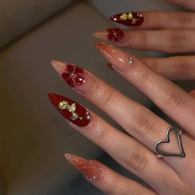Ombre Press on Nails Medium Almond MABKJLF 3D Fake Nails Red False Nails with Flower Gold Rose Charms Rhinestones Pearls Designs Glossy Glue on Nail Acrylic Nails for Women Girls 24Pcs