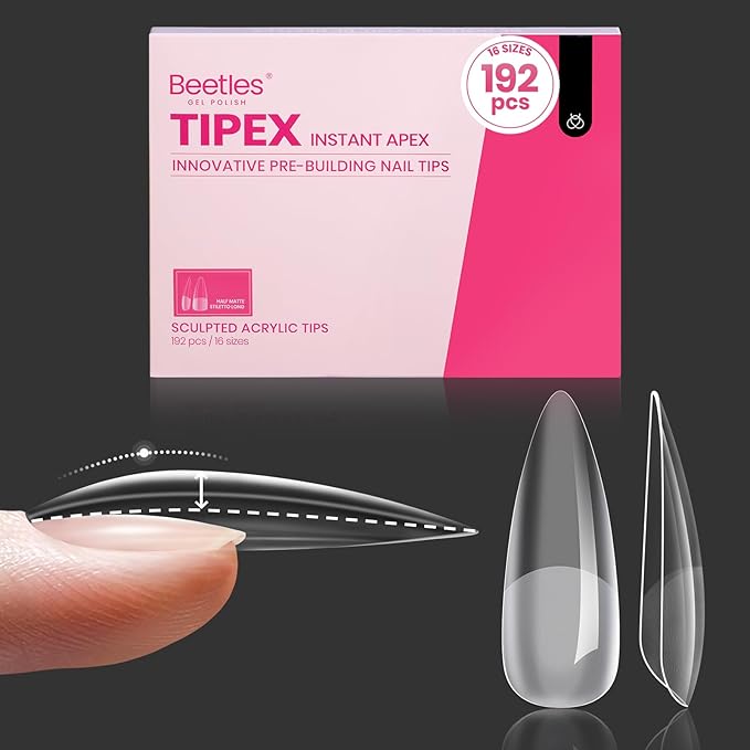 Beetles Tipex Instant Apex Nail Tips, Stiletto Long, 16 Sizes (00–14), 192pcs, Built-In Apex, No Builder Gel Required, Thicker Strong Acrylic Tips for DIY Nail Extensions