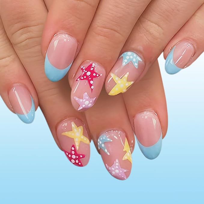 Multicolor Star Press on Nails Short Oval Fake Nails with Starfish Design Blue French Tip False Nail Glossy Full Cover Acrylic Spring Summer Stick on Nail for Women 24Pcs