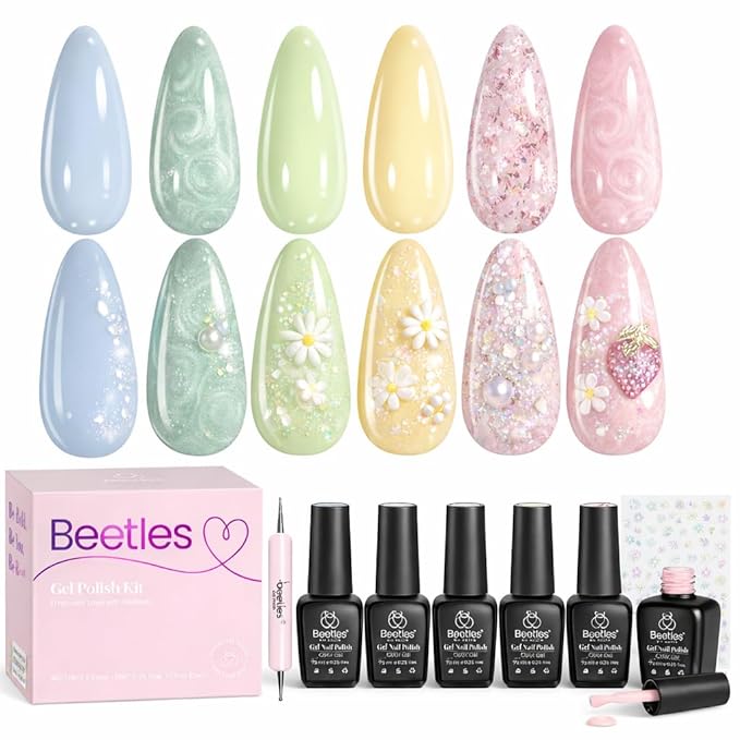 Beetles Spring Gel Nail Polish Set - 6 Colors Pastel Scenery By the Lake Soak Off UV LED Gel Polish Pink Green Yellow Drawing Swirl Shell Thread Effect Nails DIY Manicure Easter Gifts for Women