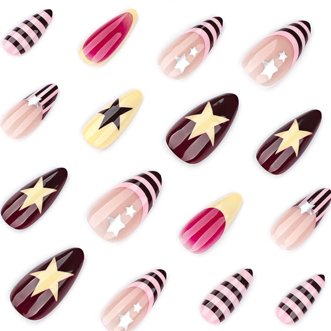Short Almond Press on Nails - Cute Star False Nails Striped Fake Nails Press ons with Y2K Style Design, Full Cover Glue on Nails for Women Manicure 24Pcs