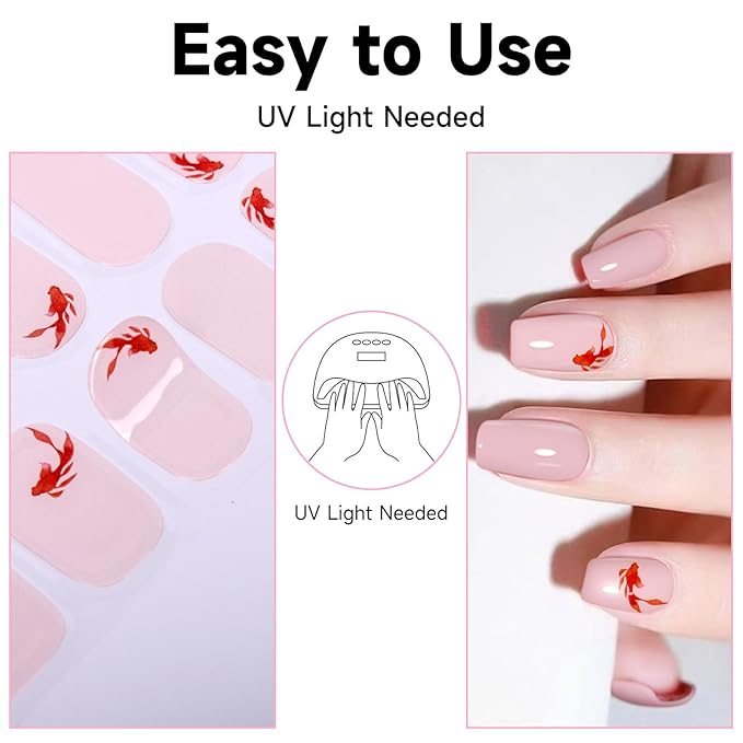 Semi Cured Gel Nail Strips, 28 pcs Gel Nail Stickers Work with Any UV Lights, Long-Lasting Nail Wraps, Stick on Nails for women Easy to Apply & Remove