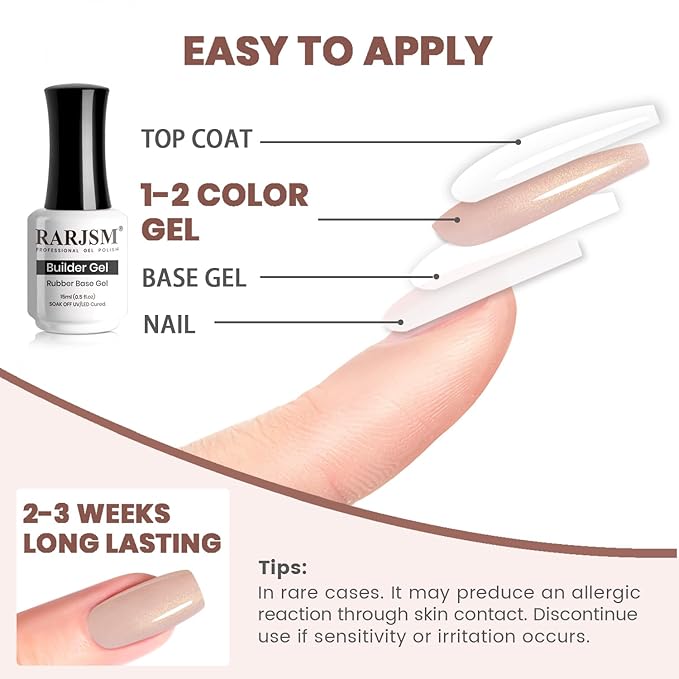 RARJSM Shimmer Rubber Base Gel Nail Polish Glitter Nude Sheer Pastel Pink Gold Rubber Base for Nails Brush on Quick Extend Builder Hard Gel Soak Off Curing Requires 15ml Salon Home French Manicure