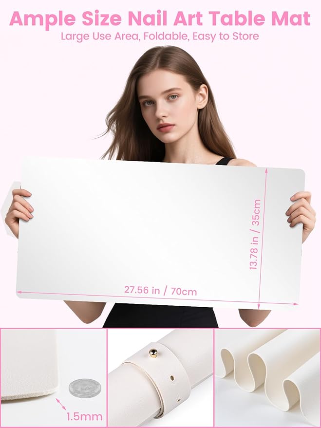 Nail Art Table Mat, (MAT ONLY) Foldable Nail Art Hand Rest Pad for Nail Arm Rest, Soft Microfiber PU Leather Nail Mat for Table, Manicure Mat Nail Table Pad Desk Mat for Nail Tech Must Haves - White