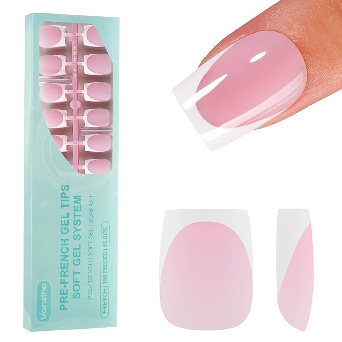 150Pcs French Gel Nails, Vansiho French Tip Press on Nails Pink, Short Square Soft Gel Nails False Nail for Nail Art DIY 15 Sizes