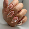Press on Nails Medium - Almond Fake Nails with Flower Design - Gold Glitter Full Cover Stick on False Nails - for Women 24 Pcs
