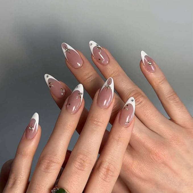 White French Tip Press on Nails Almond - Medium Fake Nails with Starburst Design - Glossy Full Cover Stick on Nails - for Women Manicure 24 Pcs