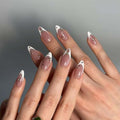 White French Tip Press on Nails Almond - Medium Fake Nails with Starburst Design - Glossy Full Cover Stick on Nails - for Women Manicure 24 Pcs