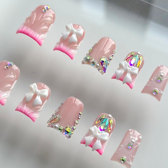 Luxury Press on Nails Short Duck Handmade 3D Unique Reusable ABS Material Fake Nails Pink French Tip False Nails with Designs Bow Rhinestones Glossy Glue on Nail Thick Acrylic Nail(M)