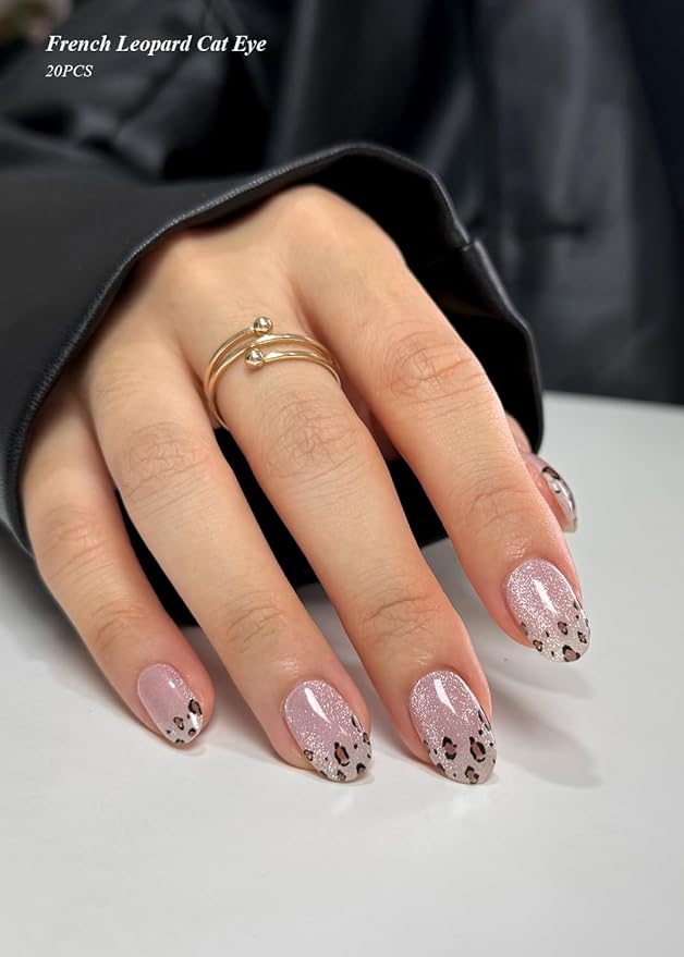 Semi Cured Gel Nail Strips (French Leopard Cat Eye), 20 Pcs Gel Nail Wraps, Stickers, Salon Quality, Works With Any UV Lamps