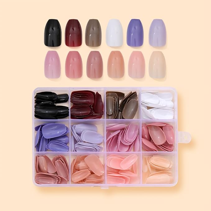 288 Pcs Press On Nails Short Coffin Fake Nails Press Ons Set Solid Color False Nails Full Cover Acrylic Glue on Nails Reusable Glossy Artificial Nail Kit for Women Girls Manicure 12 Color