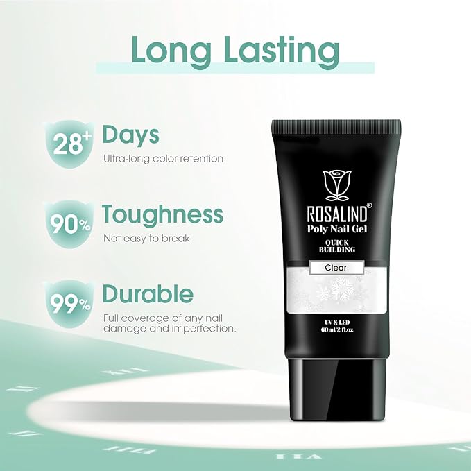 ROSALIND 2 oz Clear Poly Nail Gel - Professional Nail Extension Gel for Long Lasting DIY & Salon Nails, Quick Dry UV/LED Light Cured Transparent Builder Clear Gels Base