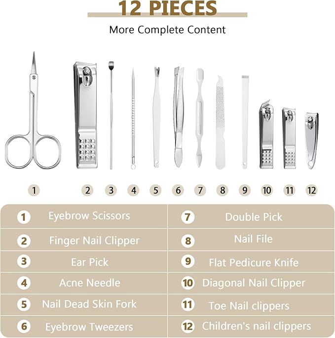Geosar 12 Sets Manicure Set Nail Clippers Set Pedicure Kit 12 in 1 Stainless Steel Professional Grooming Kits Nail Care Tools with Travel Case for Home Tool(Modern Style)