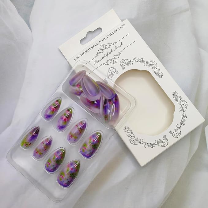 24Pcs Almond Press-On False Nails with Pink Lotus Flower Design, Glossy Purple Gradient Acrylic Artificial Nails for Women Manicure Salon