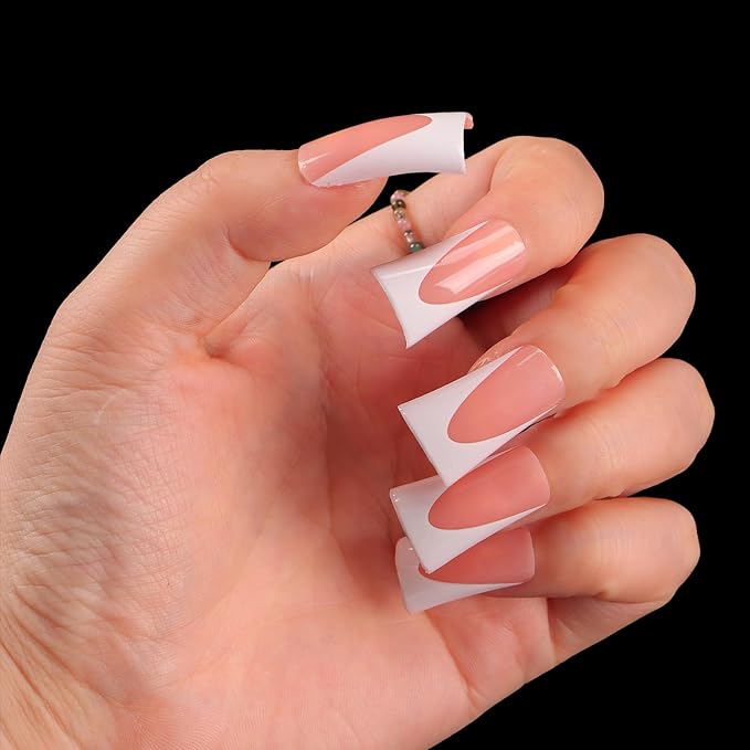 outopen 120pcs Duck Nail Tips Short Light Peach French Duck Tips Full Cover Fan Flare Duck Tips for Wide Press on Nail Crystal Duck Feet Nail Tips for Polygel Acrylic Extension, 12 Sizes