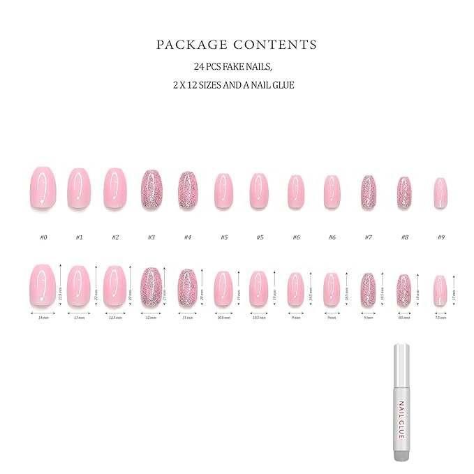 Hypnaughty 24 Pcs Pink Ballerina Press On Nails with Glue Medium Short Length Fake Nails with Glitter Design Glossy Acrylic Press On Nails Full Cover (Pink)