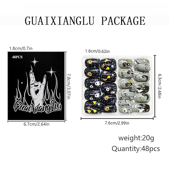 2 Packs 48Pcs Halloween Press on Nails Short Square Fake Nails Ghost Acrylic Nails with Eye Bat Pumpkin Designs Gray Black Glue Stick on Nails for Women Girls Festival Decoration