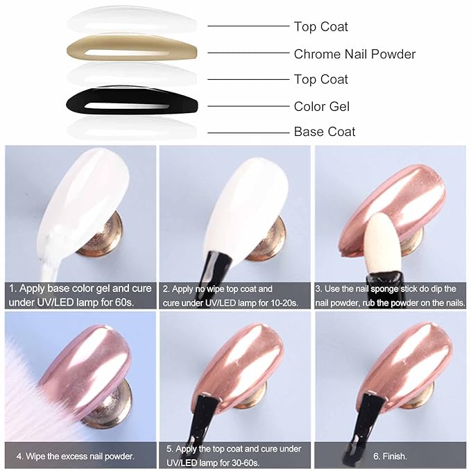 6 Colors Chrome Nail Powder, Mirror Effec Metallic Chrome Powder for Gel Nails, Sliver, Gold, White Pearl, Laser/Silver Nail Decoration Glitter Dust for Nail Art