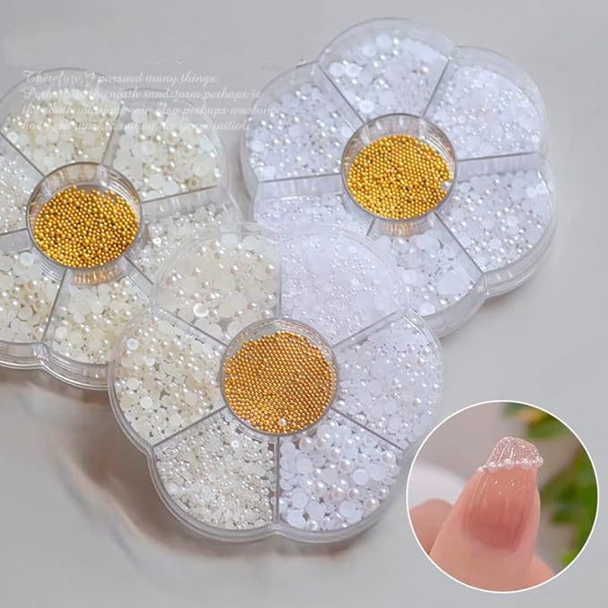 Nail Art Flatback Pearls Charms - White Half Round Crafts Beads With Gold Caviar Ball - Luxurious Design Jewelry Accessories
