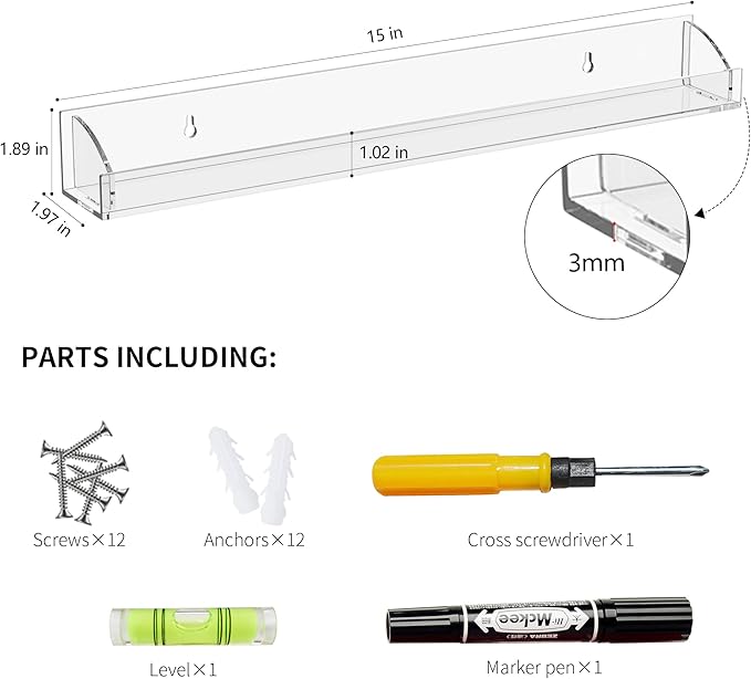 15 Inch Acrylic Nail Polish Rack for Wall Set of 6, Wall Mounted Nail Polish Display Rack with End Caps, Nail Oranizer and Storage for Nail Tech, Hold Up to 90 Bottles (15 Inch)