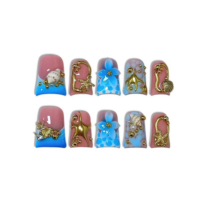 Handmade Duckbill Press on Nails - Ocean Blue Gold French Tips 3D Sea Shell Design Hand Painted Glossy False Nails for Women Girls- Acrylic Duck Shape Glue on Nails for Vacations Gifts(S)
