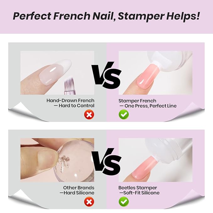 Beetles French Tip Gel Polish - Peach Mousse 15ML with French Tip Stamp, Hema Free White Light Pink Gel Nail Polish, Same Color Bottle, Soak Off UV LED Lamp French Nail Kit Art for Spring Nails