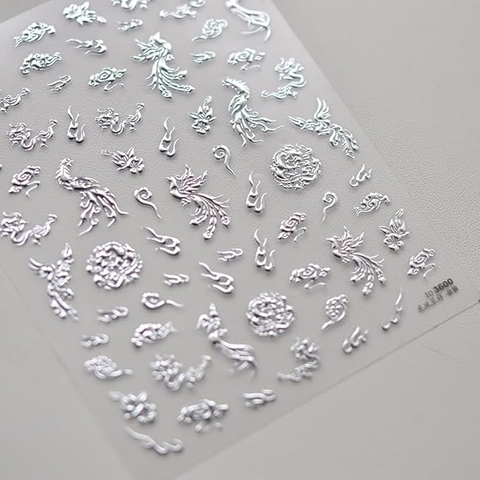 Dragon Phoenix Nail Art Stickers Gold Silver Laser Chinese Phenix Totem Nail Decals for New Year Acrylic Nails Tattoo Design Supplies (Phoenix)