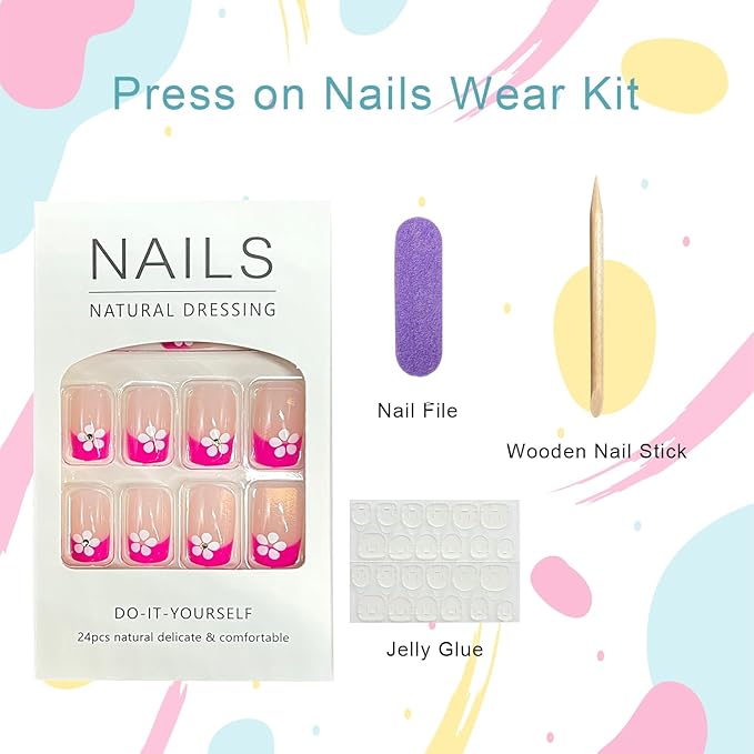 Pink French Tip Press on Nails Medium Square Fake Nails with Rhinestones Designs Flower False Nail Glossy Full Cover Acrylic Spring Floral Stick on Nail for Women 24Pcs