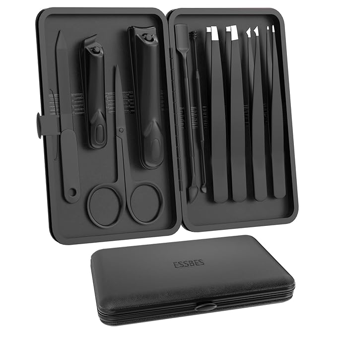 Manicure Set 10 in 1 Stainless Steel Nail Clippers Scissors Tweezers Grooming Kit with Travel Case (Black)