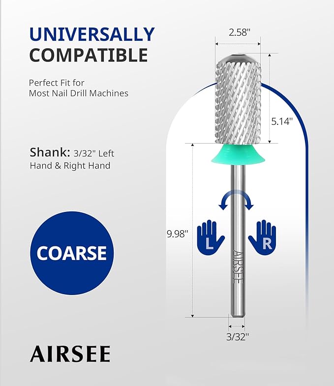 AIRSEE Tungsten Carbide Acrylic Nail Drill Bit Efile Electric File Machine Head Tip for Manicure Polishing Art Remove Gel 3/32" 2 Way Beginner Safety Round Top Cylinder Barrel Coarse-C