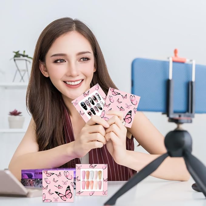 71 Pcs Empty Press on Nails Packaging Box 35 Pcs White Background Papers and 1 Double Sided Tape, Empty Nail Package Box Set for Press on Nail Business (Pink)…