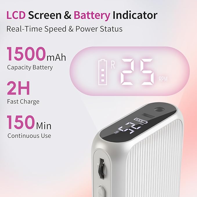 Vinid Professional Electric Nail Drill - 38,000RPM Rechargeable Manicure Kit for Filing, Cuticle Care, Buffing & Polish Removal with Adjustable Speed, Quiet Motor & Portable Design, White and Purple