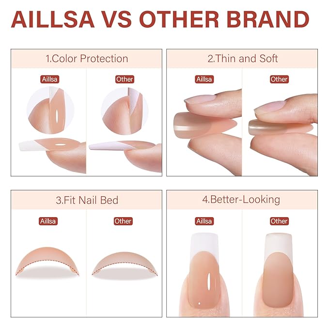 AILLSA French Gel Nail Tips, 180 Pcs Brown French Tip Press On Nail Long Square, Pre-Applied Primer & Base Coat No Need File, Soft Nail Tips Square, Fake Nails with Designs DIY for Women Gift 15 Sizes