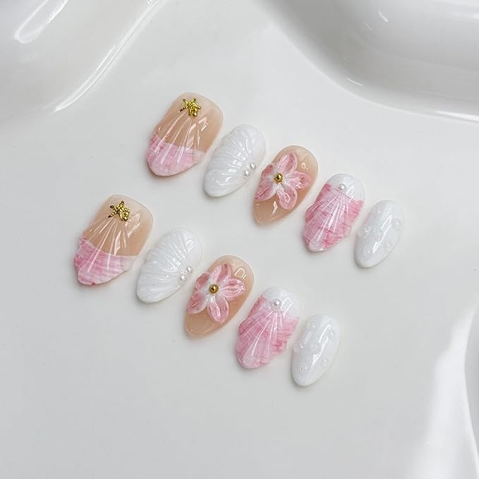 10 Pcs Short Almond Handmade Press on Nails with Glue,Luxury False Nails with 5D Flower Design Muti-Layer Gel False Nails Pink Reusable Acrylic Thick Nails Handmade Nail for Women(Size S)