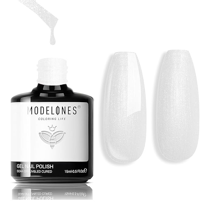 modelones Shine White Gel Nail Polish, 15ML Glitter Pearl White Gel Polish Iridescent Shimmer Nail Gel Polish Soak Off Led Whiter Nail Polish DIY Home Salon Nail Art Manicure Gift for Women Girls