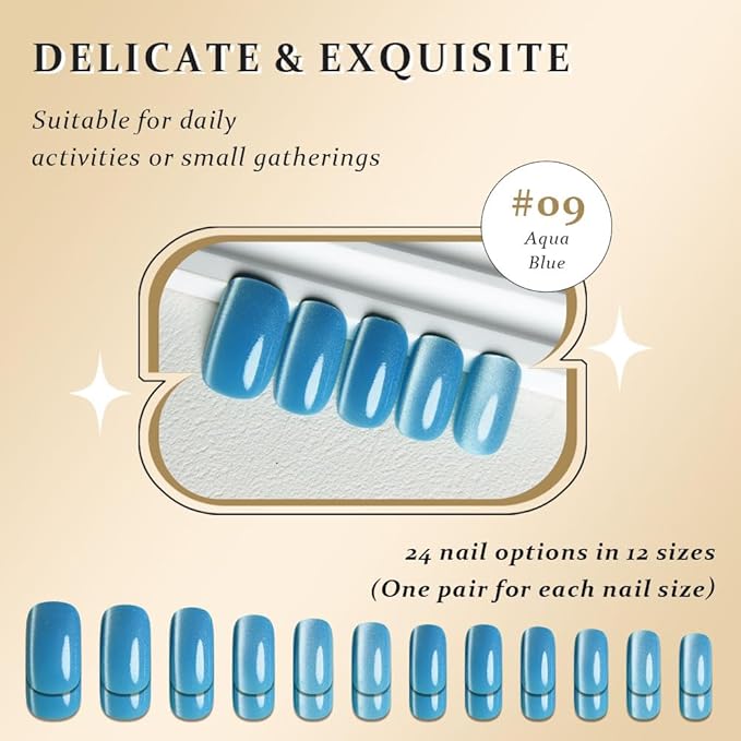 Cat Eye Aqua Blue Press On Nails Medium Long Length Square, Designer Reusable Acrylic Fake Nail with Glue, Glossy Gel Nails Wedding Party, Stick On Glue On Nail, Nails Press Ons for Women