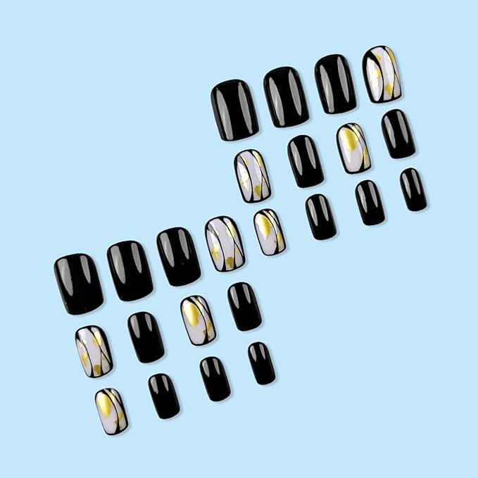Square Press on Nails Short Fake Nails with Designs Gold Foil Stick on Nail Black French Acrylic False Nail Glossy Artificial Nail Full Cover Glue on Nails for Women 24Pcs