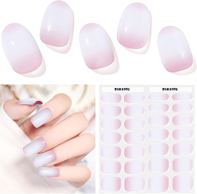Semi Cured Gel Nail Strips,28 Pcs French Nail Stickers,Long Lasting Gel Strips with UV Light Rquried,Nail Art Stickers Easy to Apply（Clear）