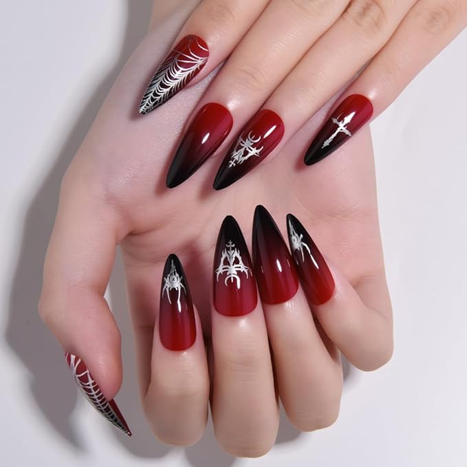 Halloween Ombre Press on Nails Medium Almond with Cobweb Design, Medium Almond Red Black Ombre Artificial Fake Nails with Designs, Perfectly Fit Soft Gel Full Cover Glossy Stick on Nail for Women